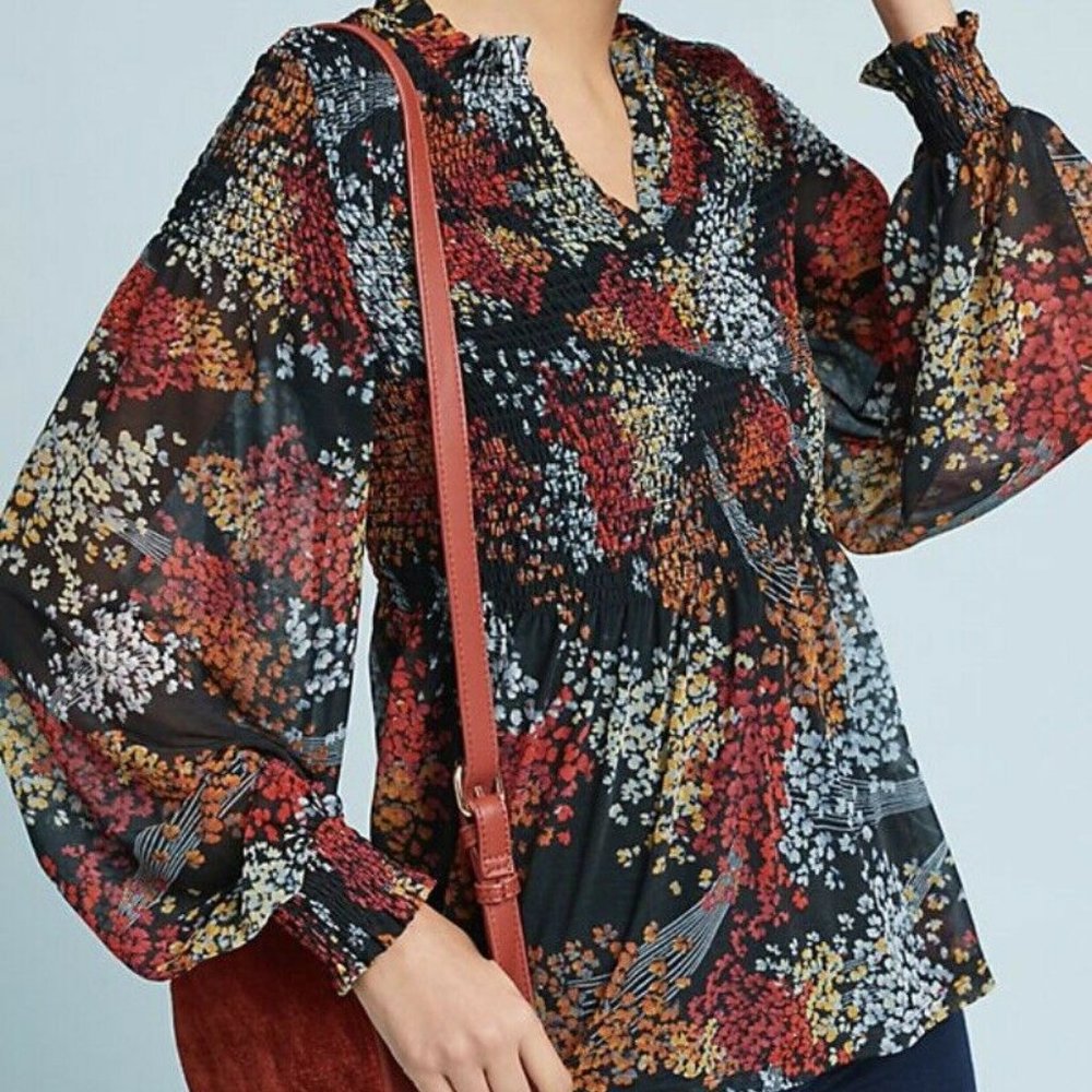 Anthropologie Akemi + Kin Adria Black Smocked Chiffon Floral Blouse Size S EUC